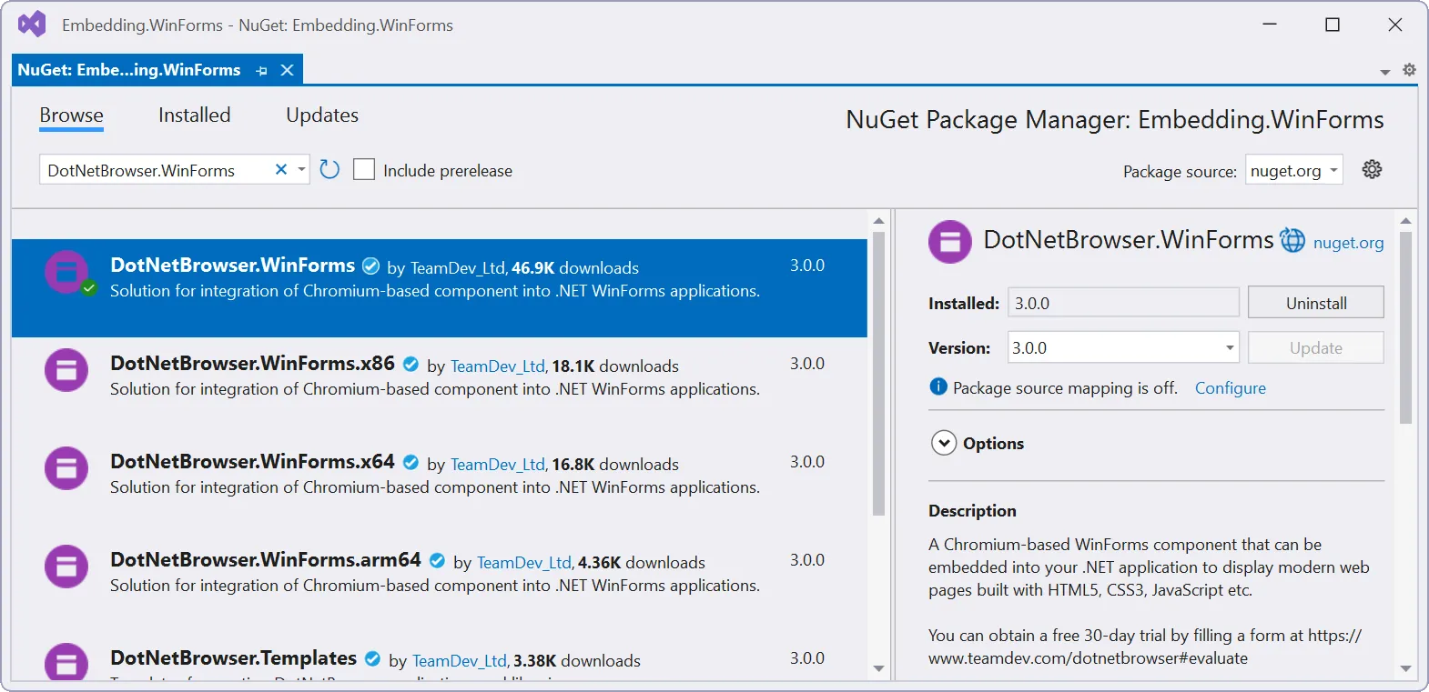 The list of DotNetBrowser&rsquo;s NuGet packages