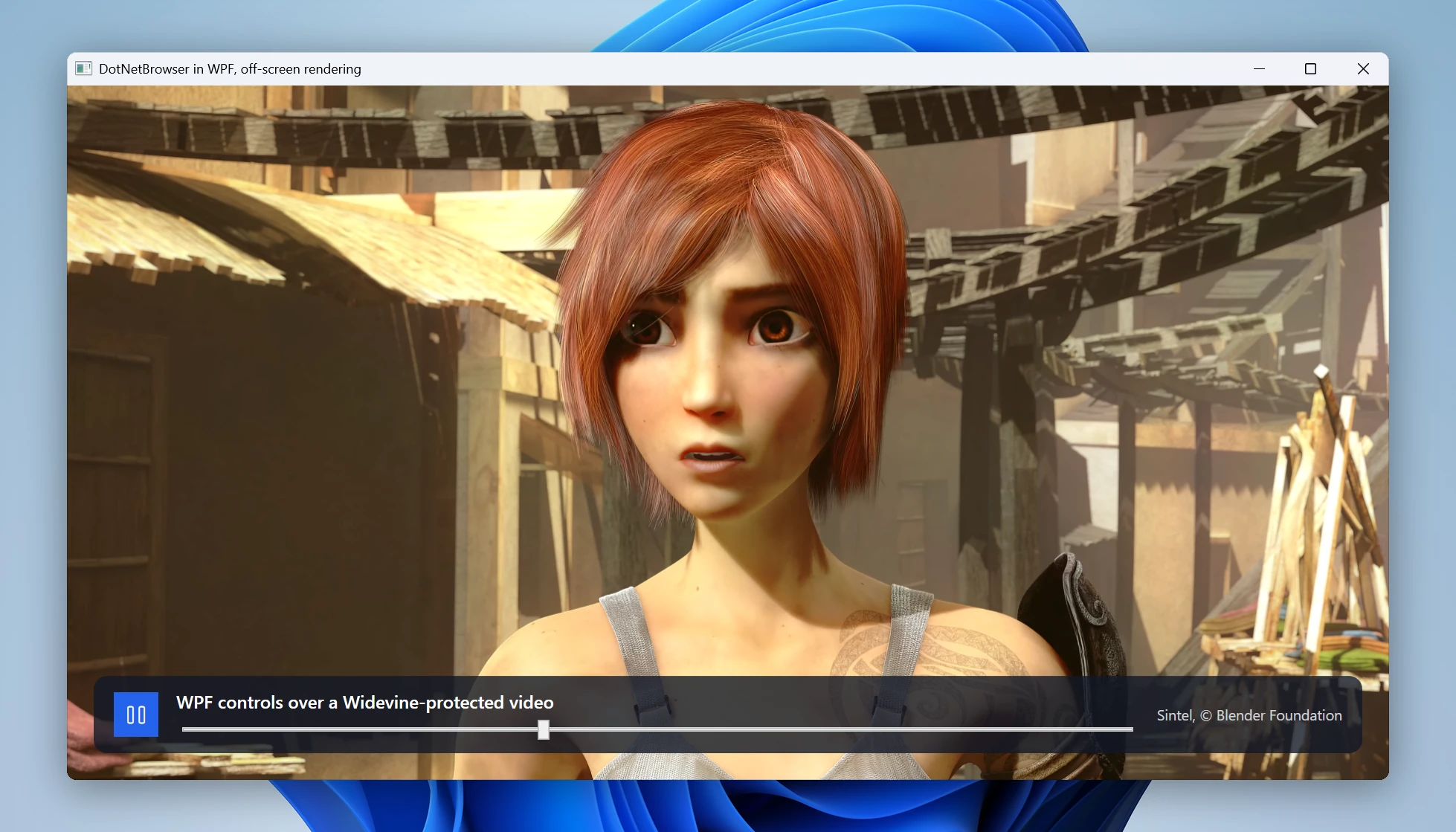 A WPF control bar on top of a Widevine-protected video in DotNetBrowser’s off-screen rendering mode