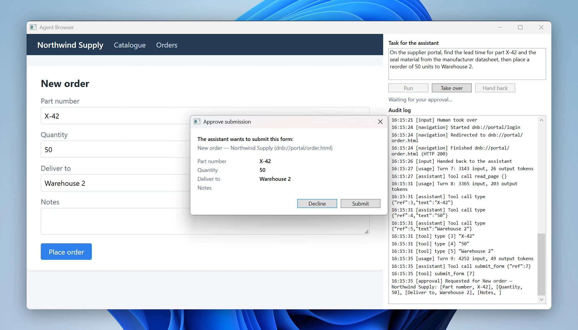 The approval dialog listing part X-42, quantity 50, Warehouse 2