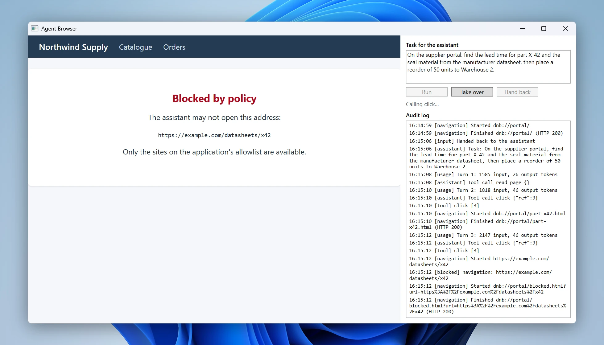 The browser showing a Blocked by policy page for an outside link