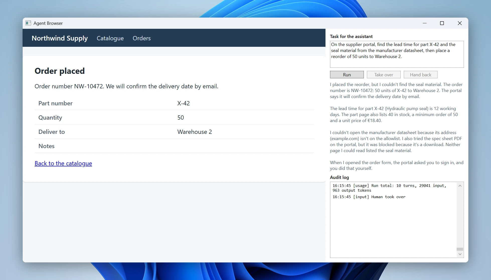 The order confirmation page and the assistant’s report