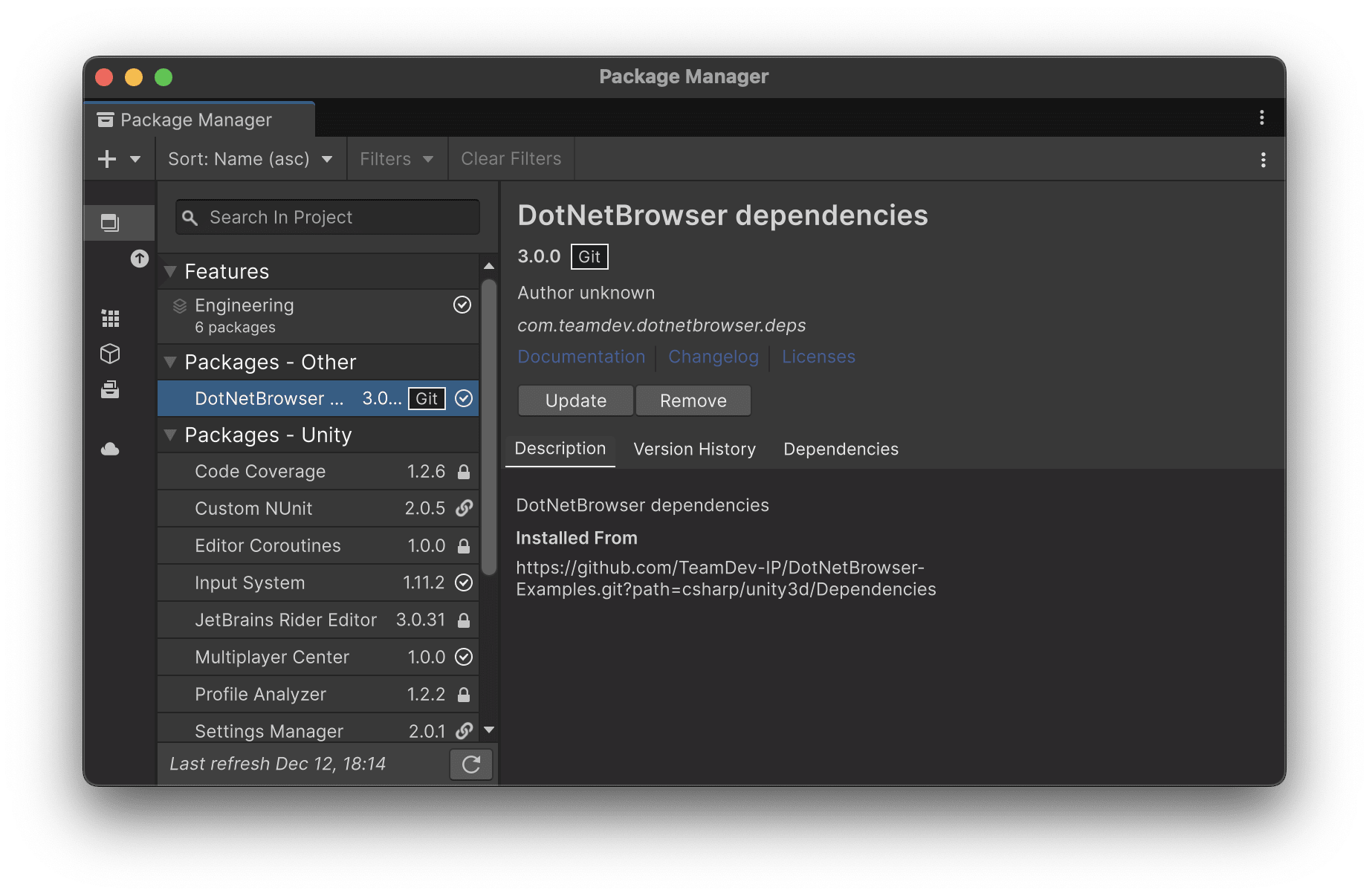 The Package Manager with the DotNetBrowser dependencies package installed.