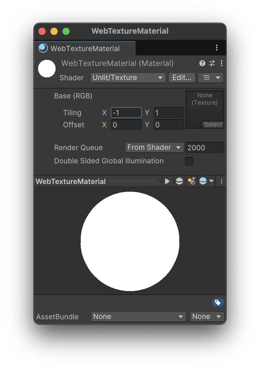 The WebTextureMaterial with &ldquo;Tiling X&rdquo; set to -1.