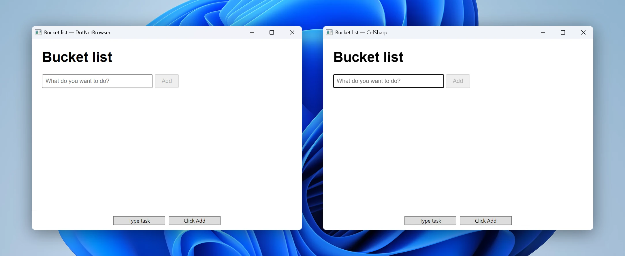 The DotNetBrowser and CefSharp windows with the page loaded