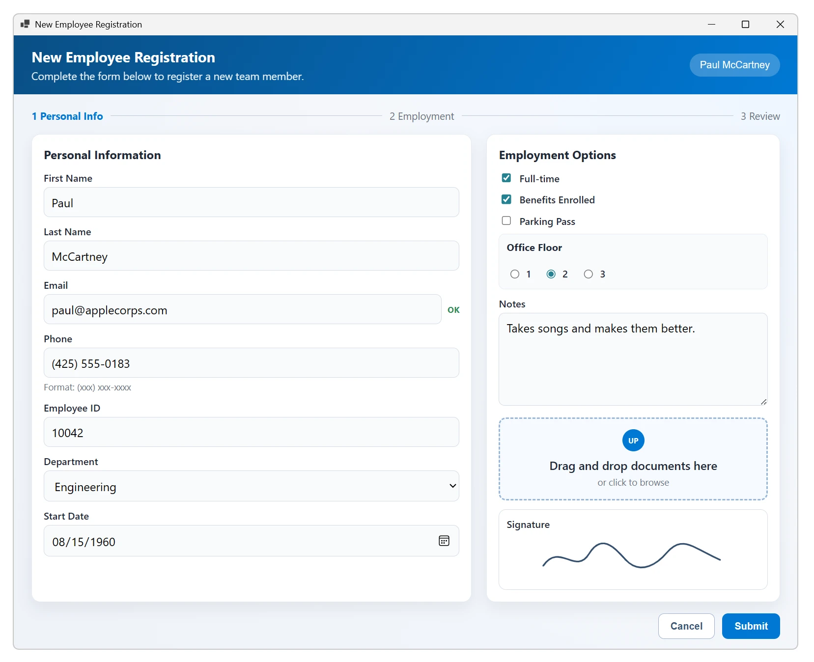 A screenshot of a Blazor Hybrid form