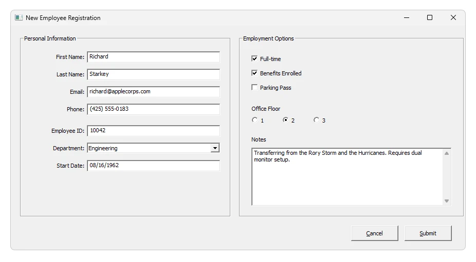 A screenshot of a typical Win32 form