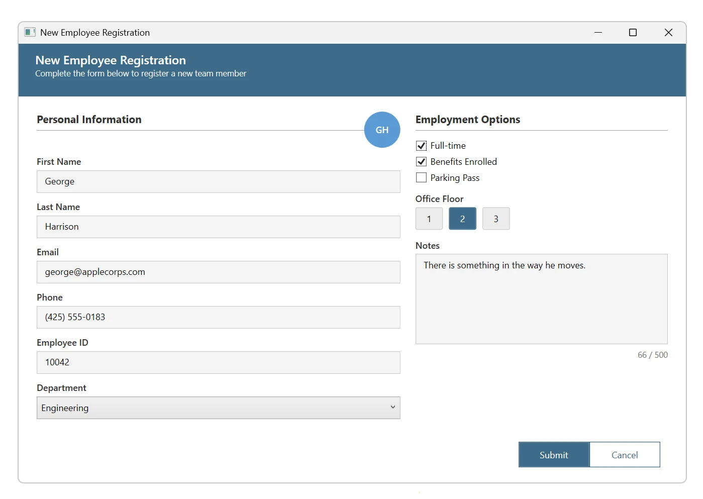 A screenshot of a WPF form