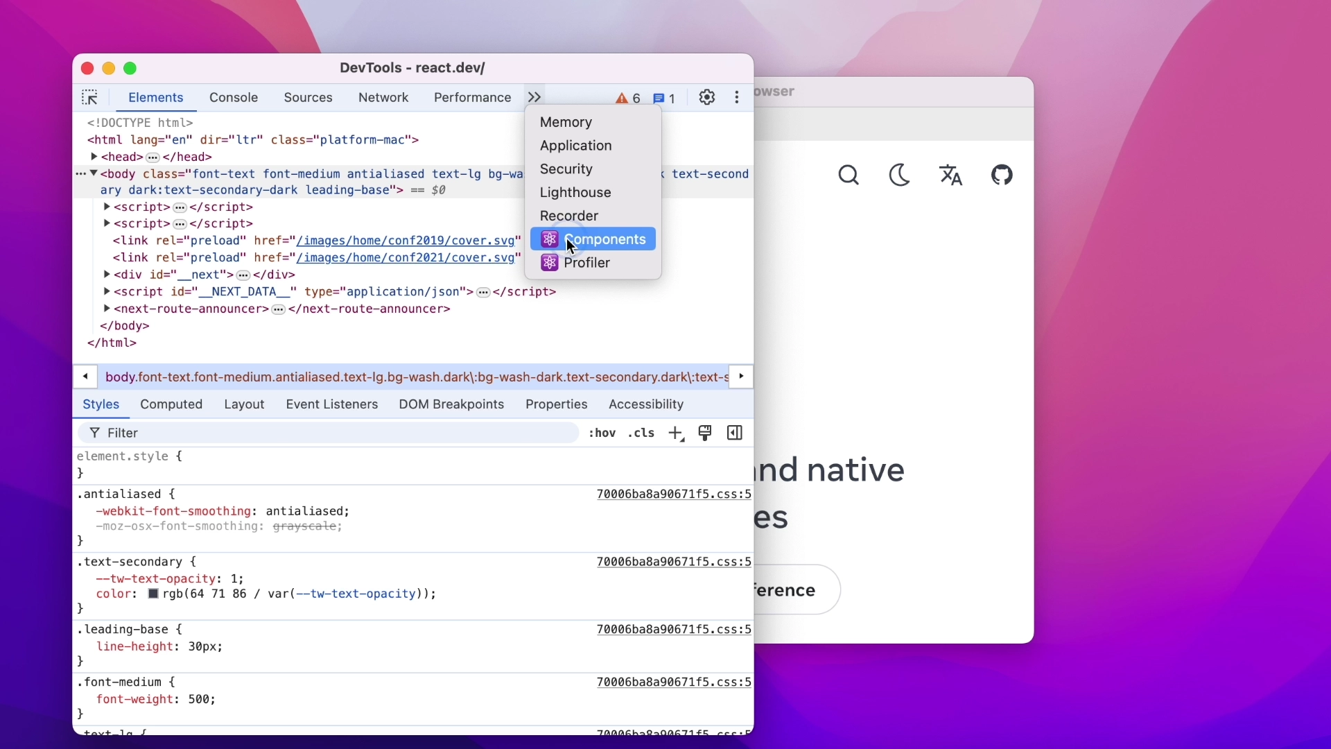 Screenshots der DevTools mit geöffneter React-Erweiterung