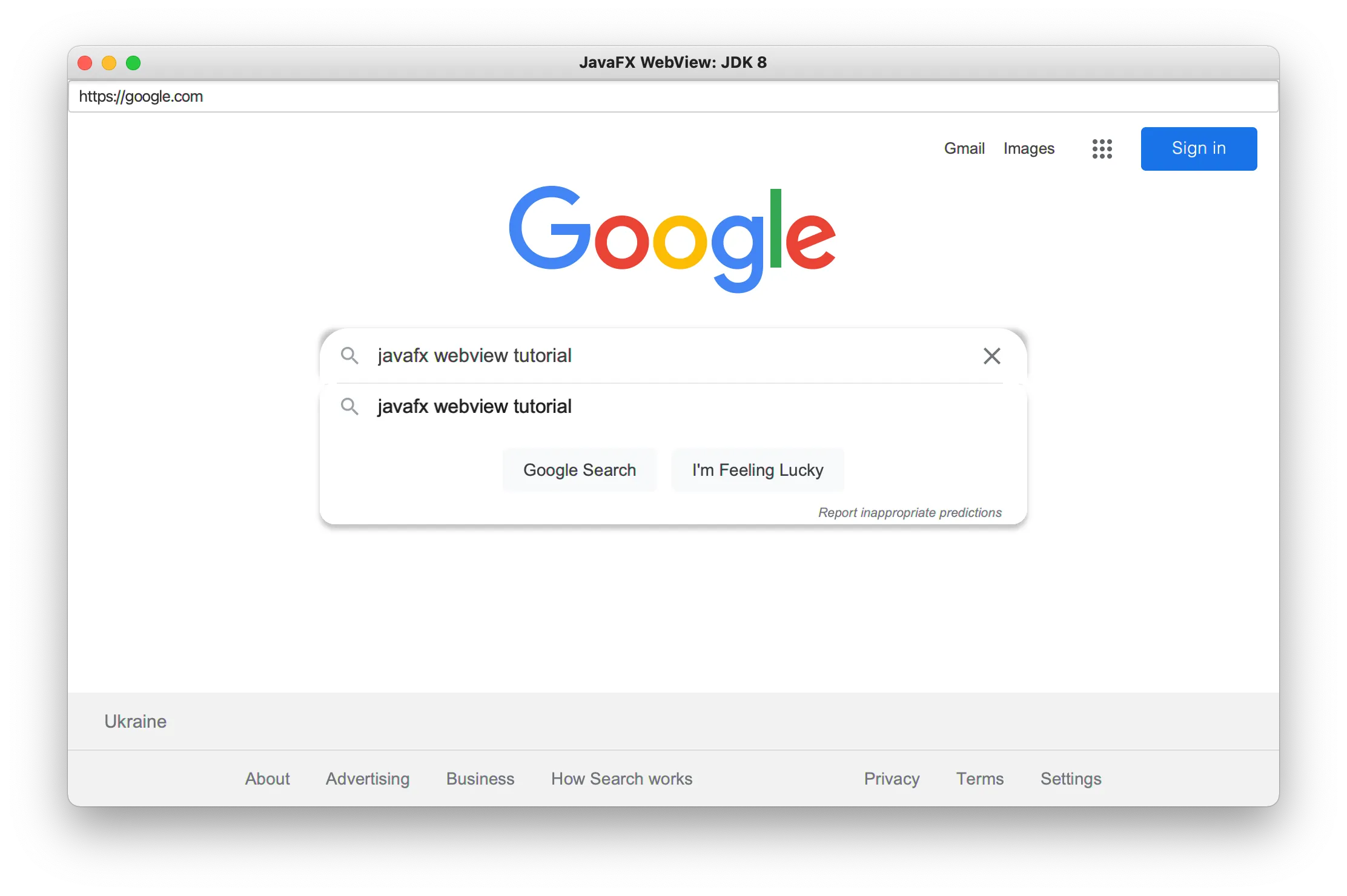 JavaFX WebView Google
