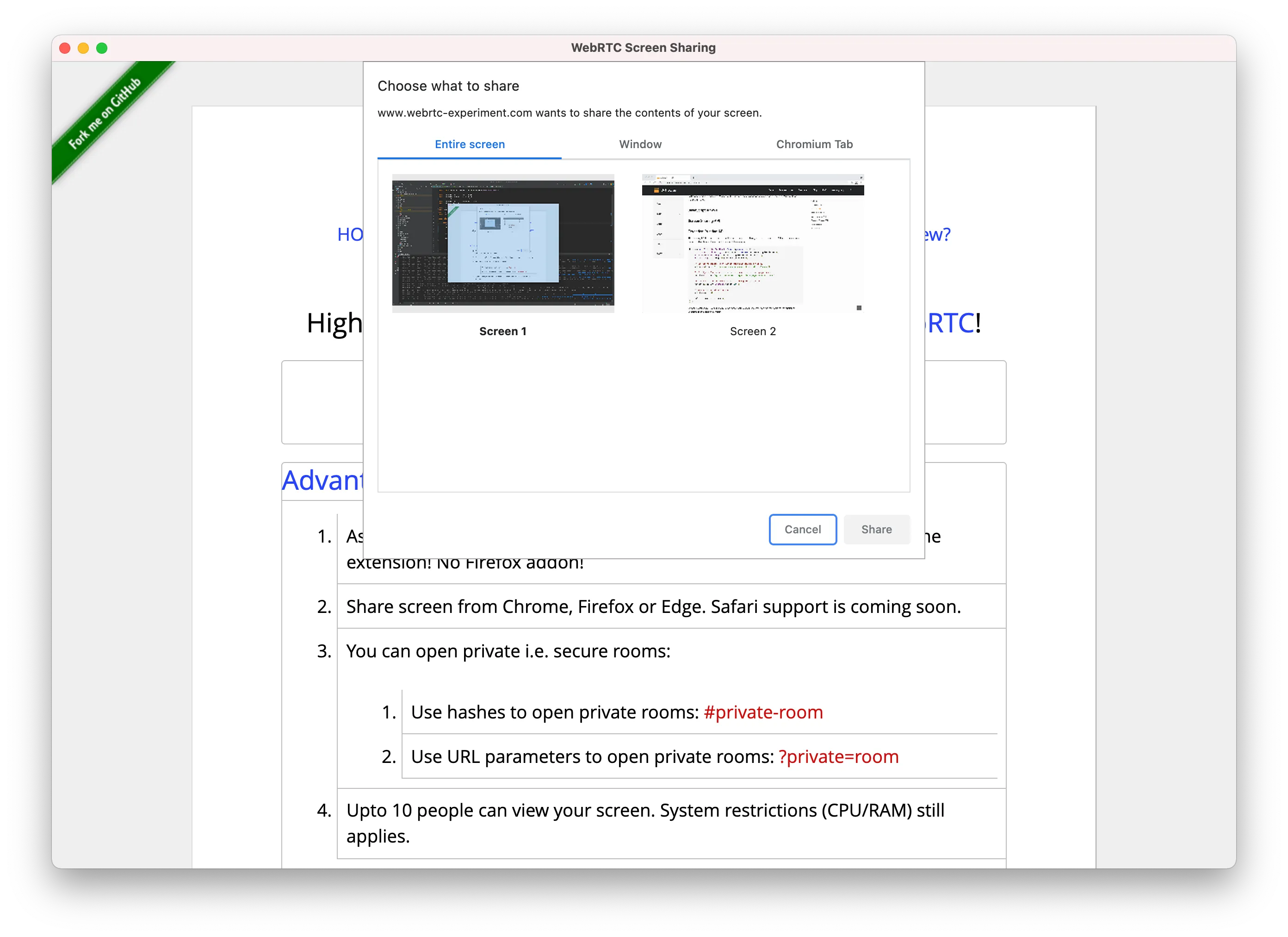 WebRTC Screen Sharing Dialog