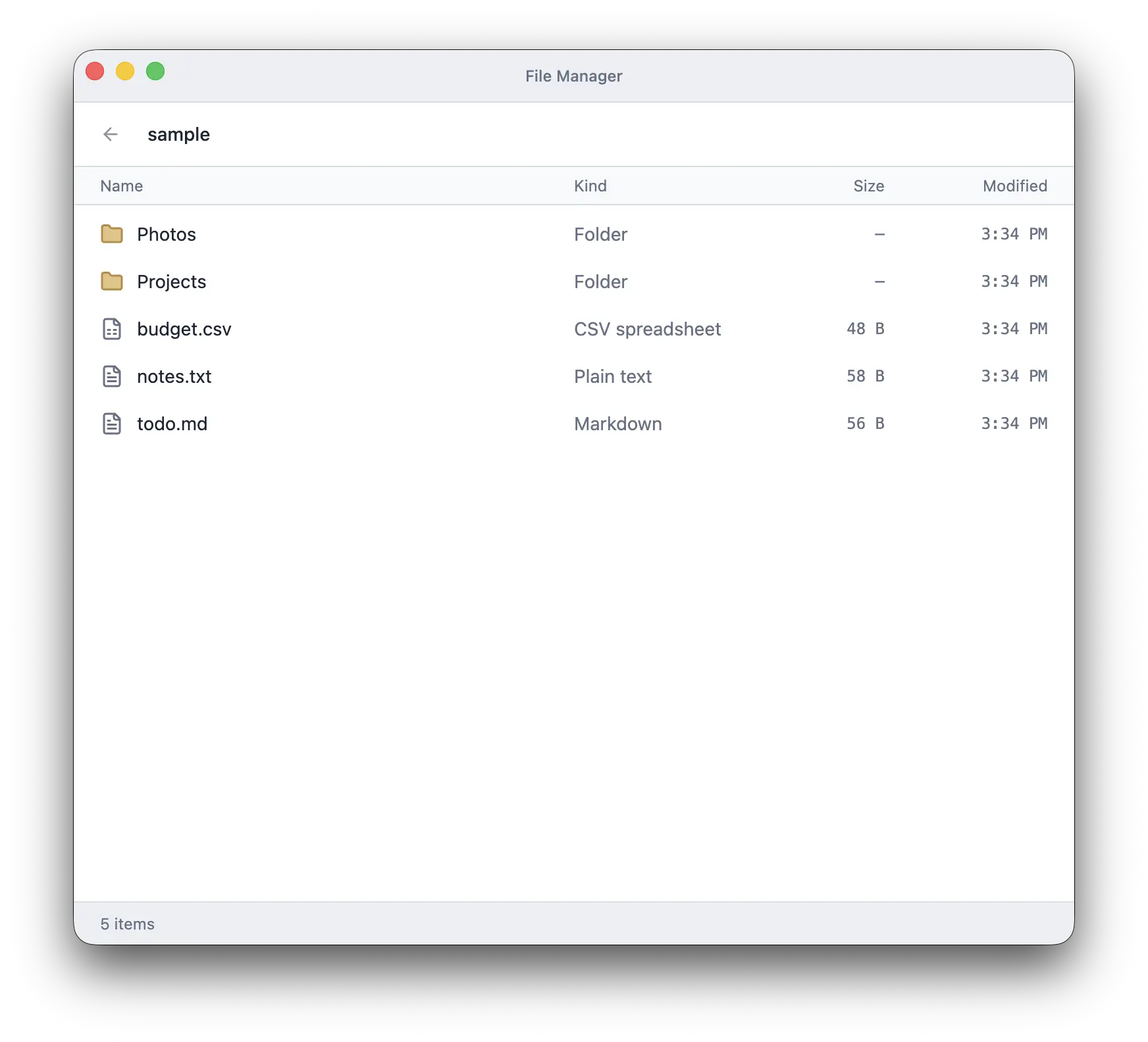 The file manager window showing the sample folder with the Photos and Projects folders and three files: budget.csv, notes.txt, and todo.md