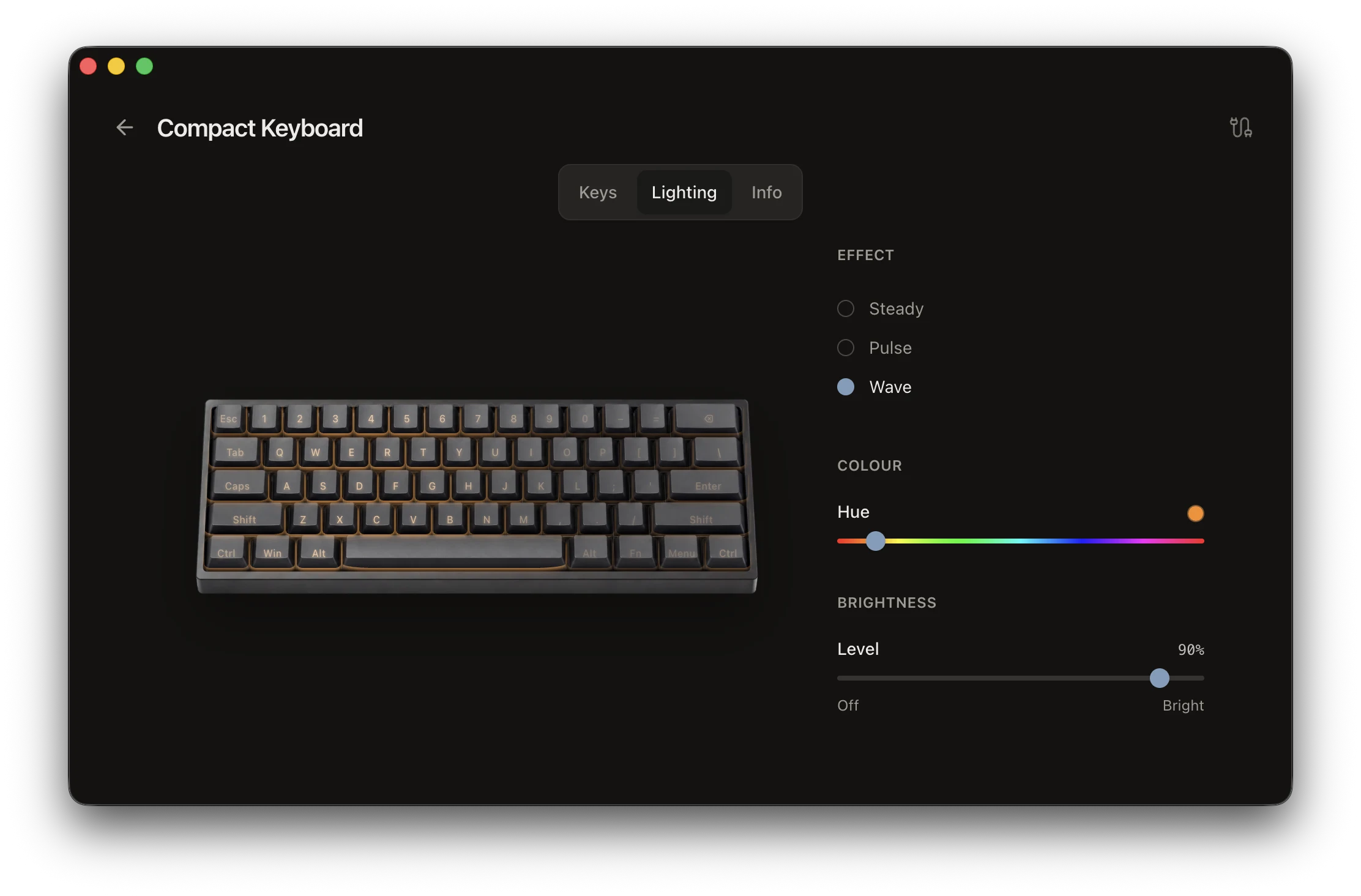 The keyboard lighting screen with backlight effect, color, and brightness
controls