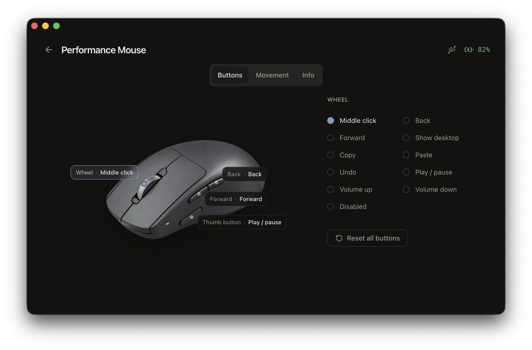 The mouse configuration screen with a list of assignable button
actions