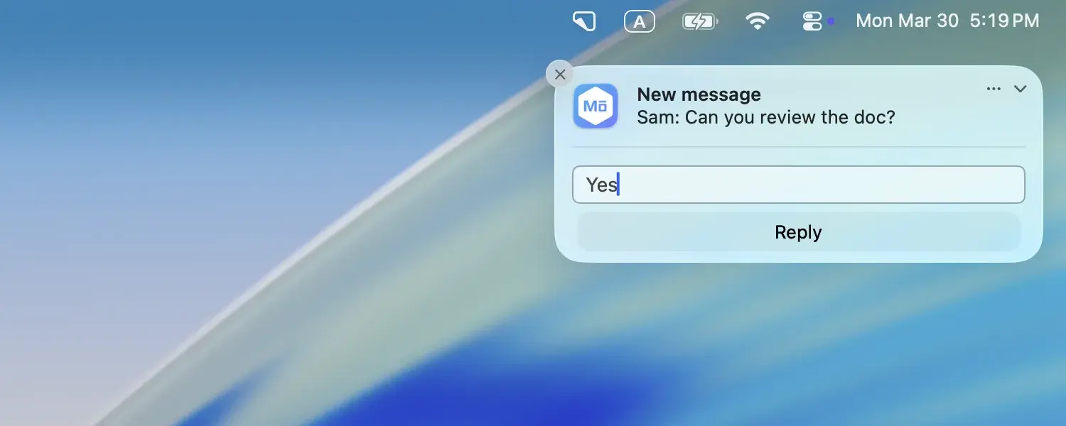 Desktop notification with reply on macOS