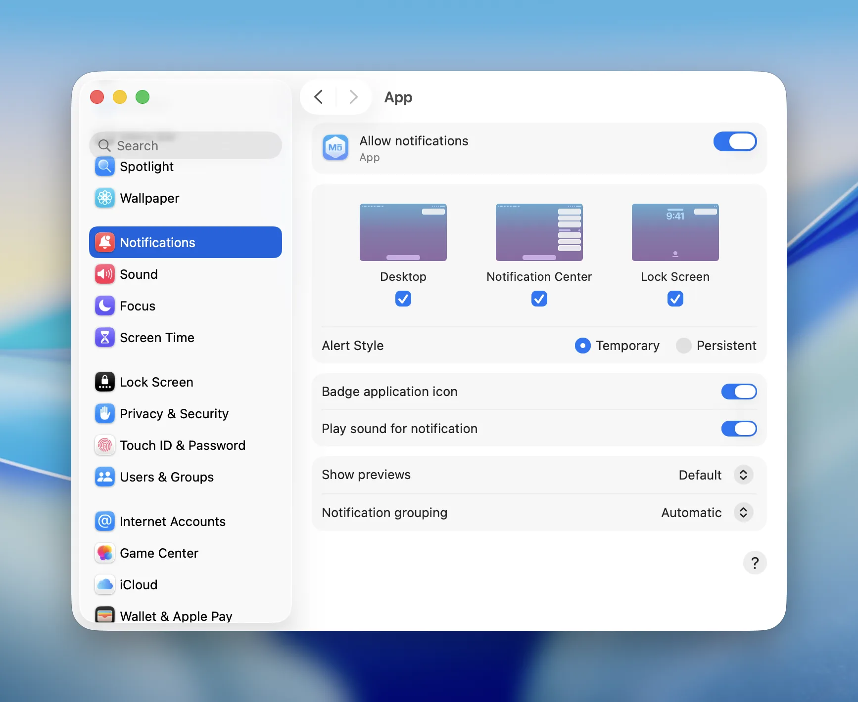 Notification permission dialog on macOS