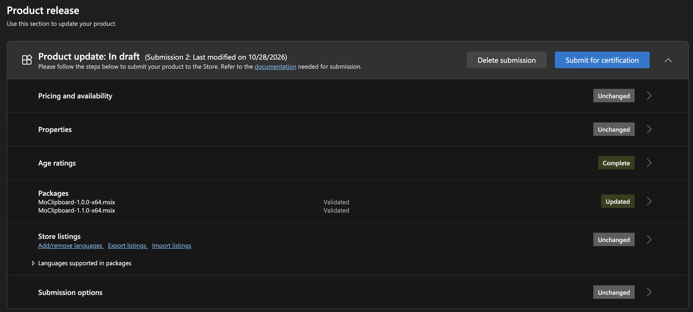 Update submission with the new package in Partner Center