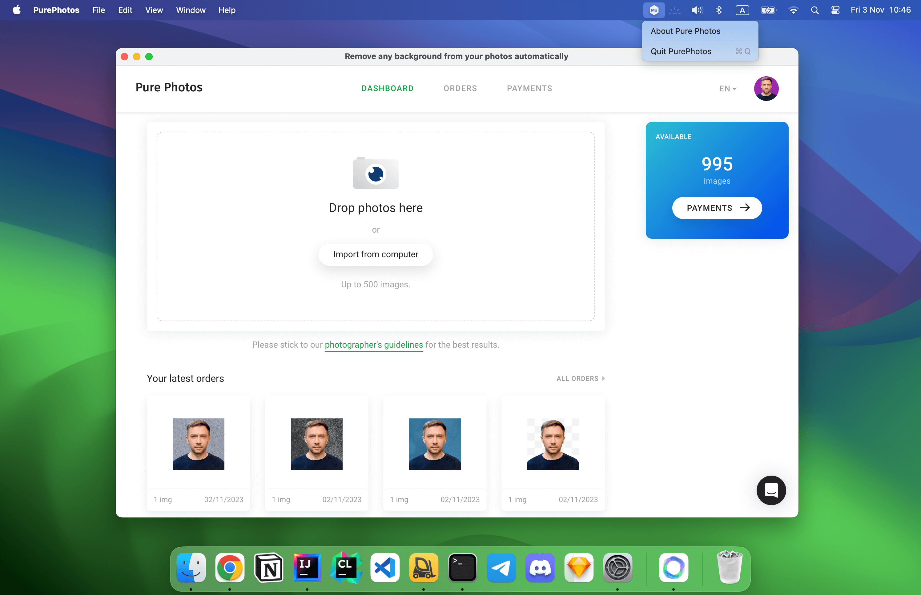 Pure Photos app dashboard page