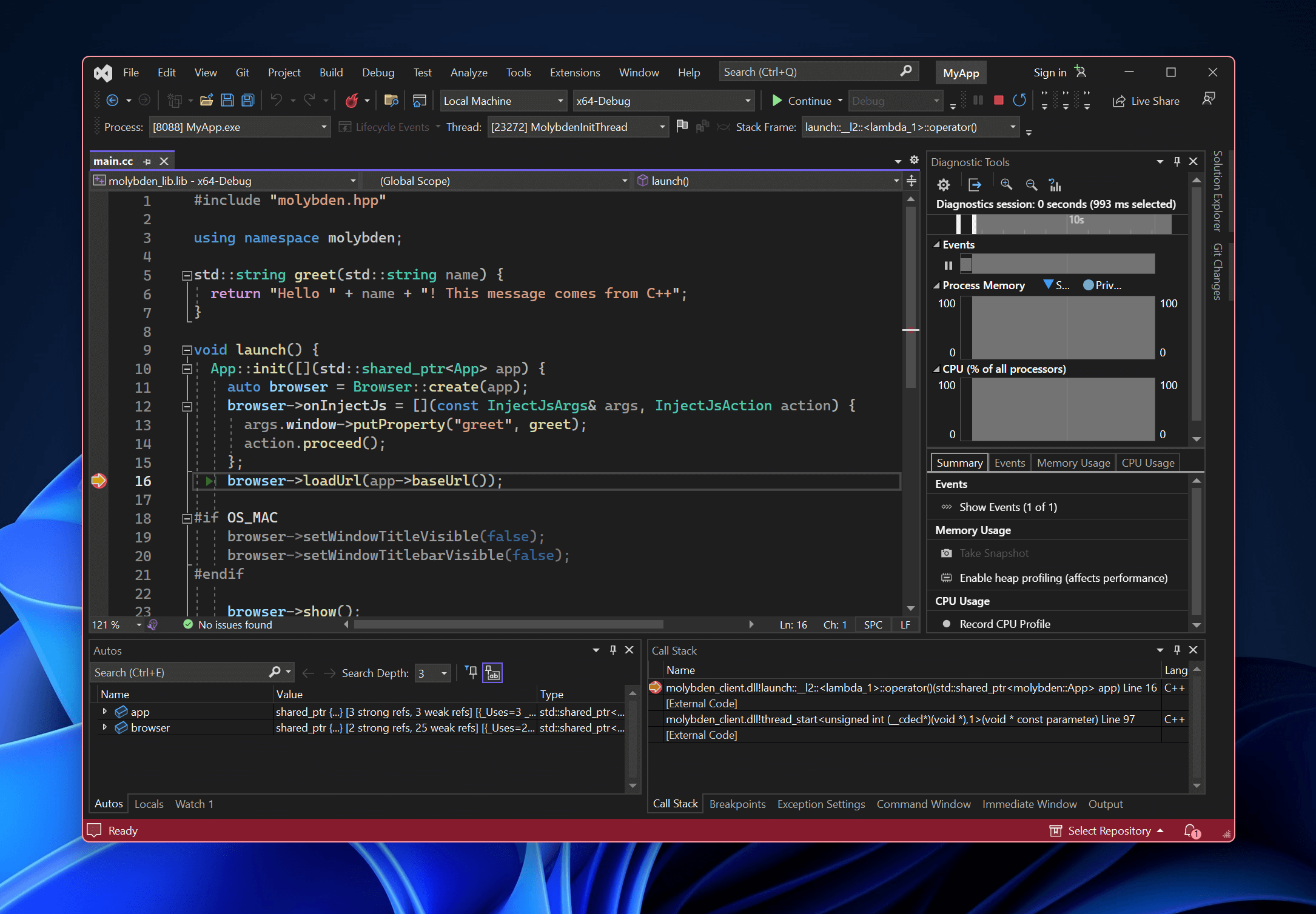 Visual Studio debug session