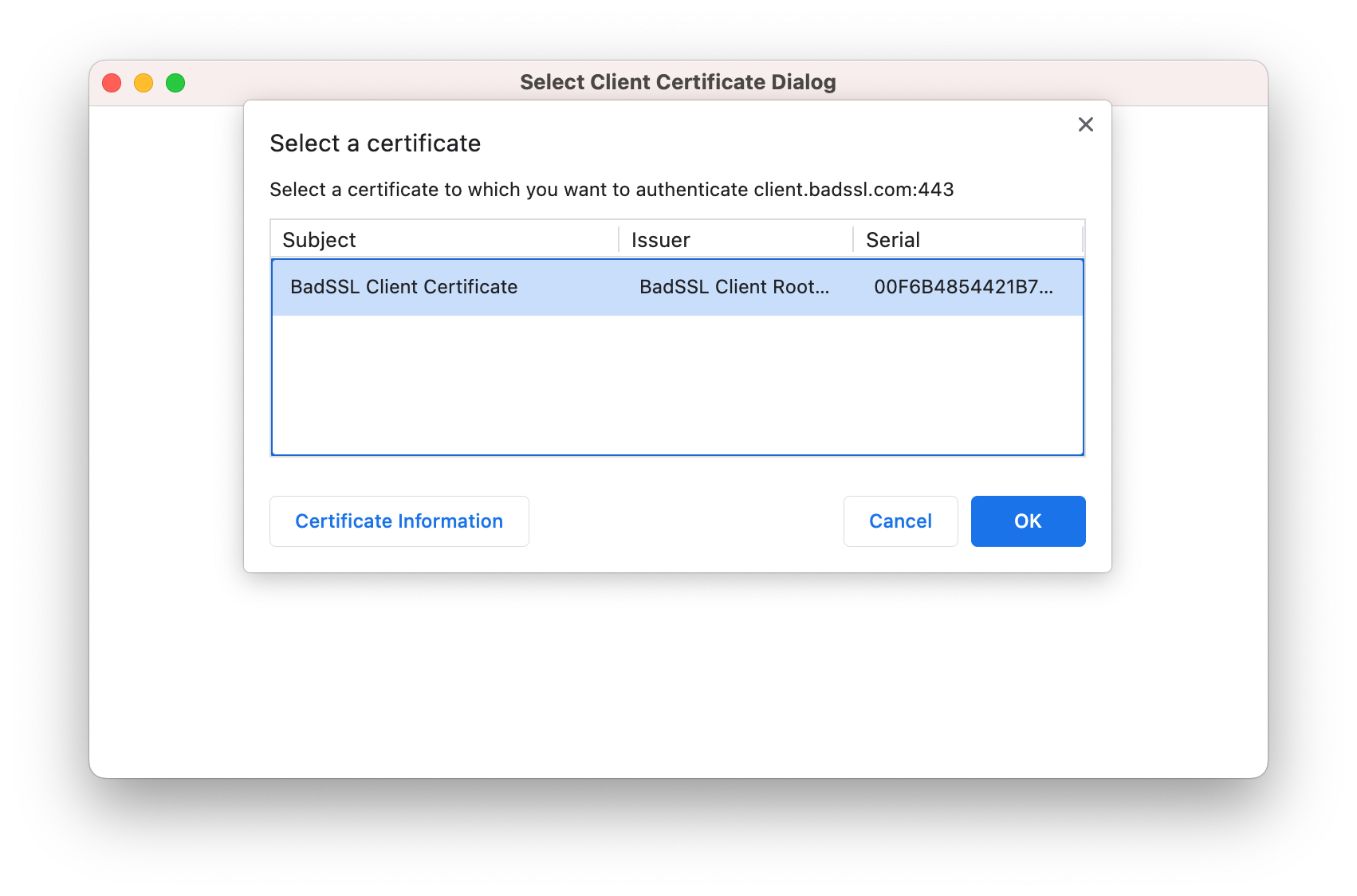 Select client certificate dialog